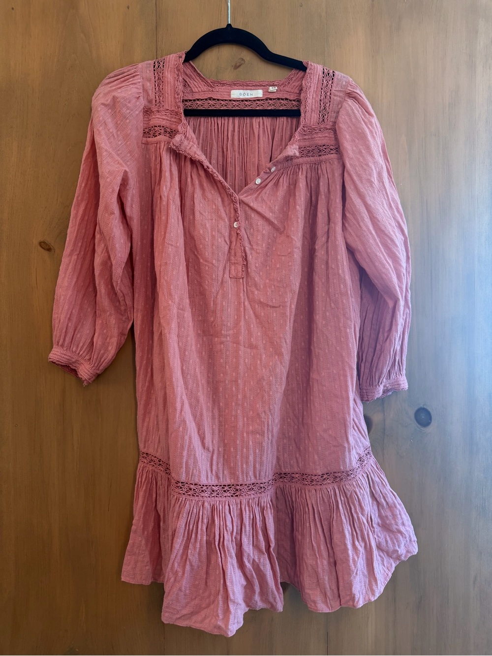 Doen Rose-Pink Cotton Peasant Dress with Lace Trim
